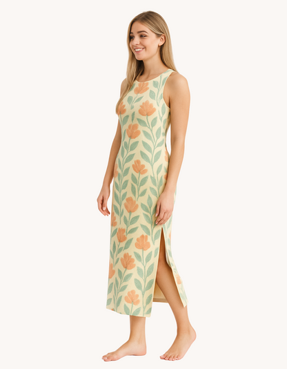 Women’s AOP Bodycon Dress with Side Slit | 220 GSM Poly Spandex | Floral Print Skin Fit Dress
