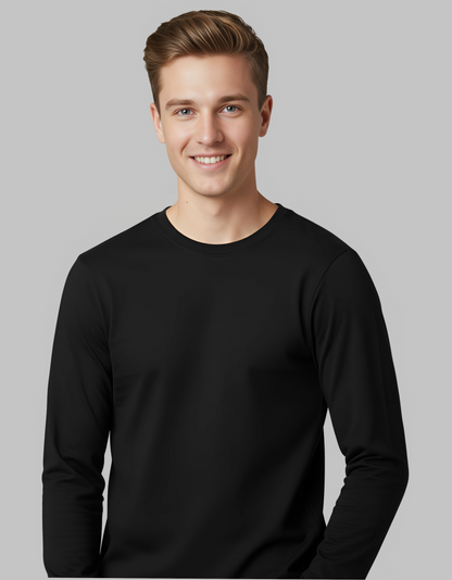 Men's Long Sleeve Plain Black T-Shirt | 100% Cotton | Regular Fit Casual Wear