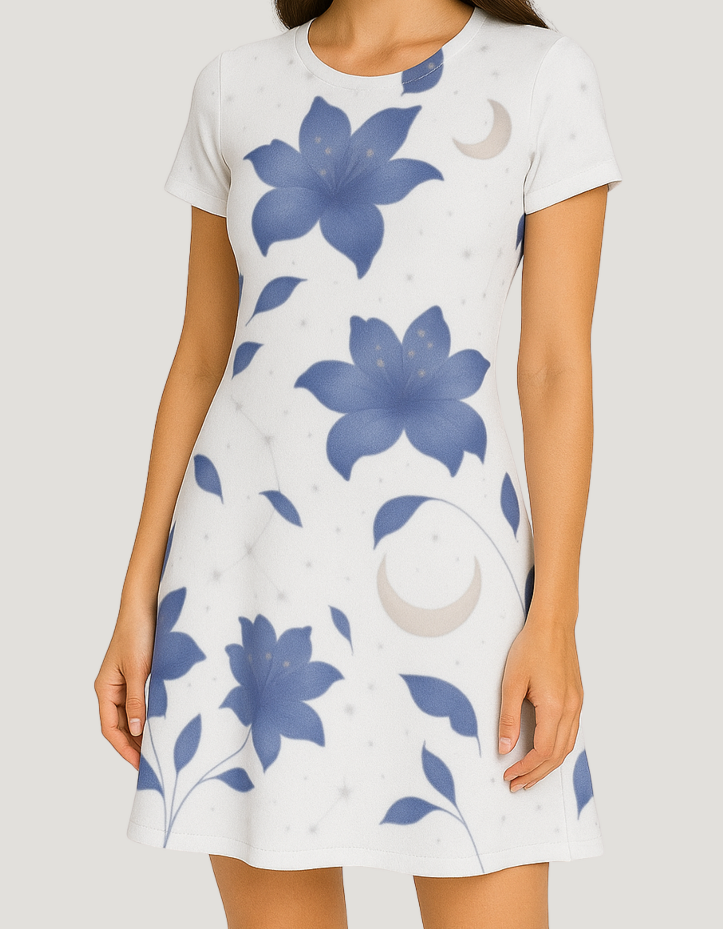 Women's Floral Moon Print A-Line Dress – 220 GSM Poly Spandex, Fit & Flare, Fade-Resistant, Wrinkle-Free