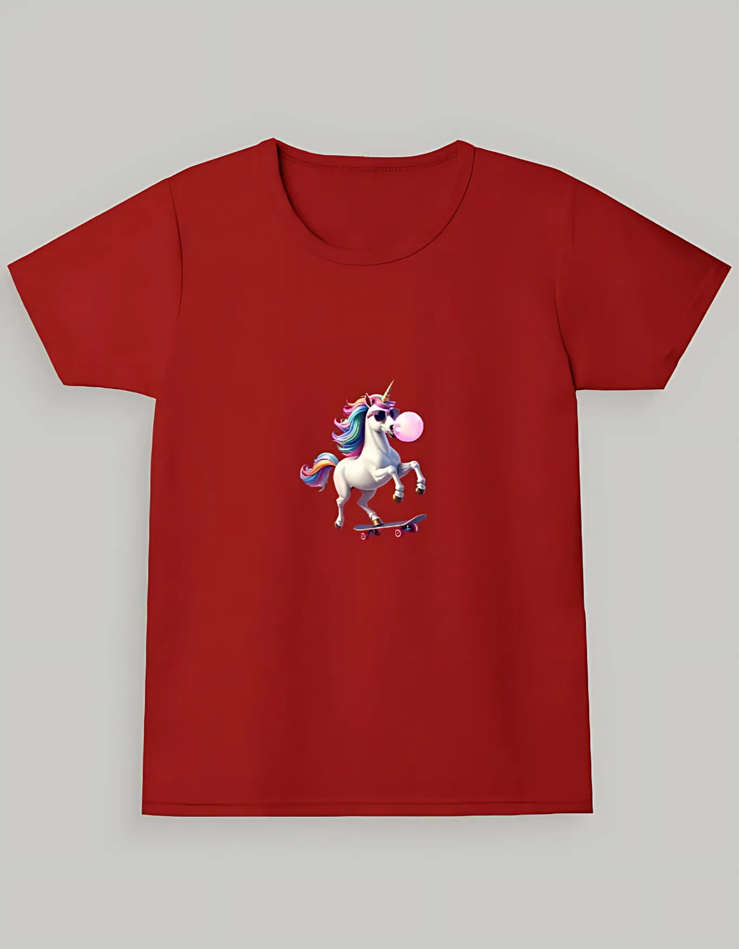 Girls’ Crew Neck T-Shirt – “Skateboarding Unicorn with Bubblegum” Print | 180 GSM | 100% Cotton | Bio-Washed | Super Combed | Pre-Shrunk