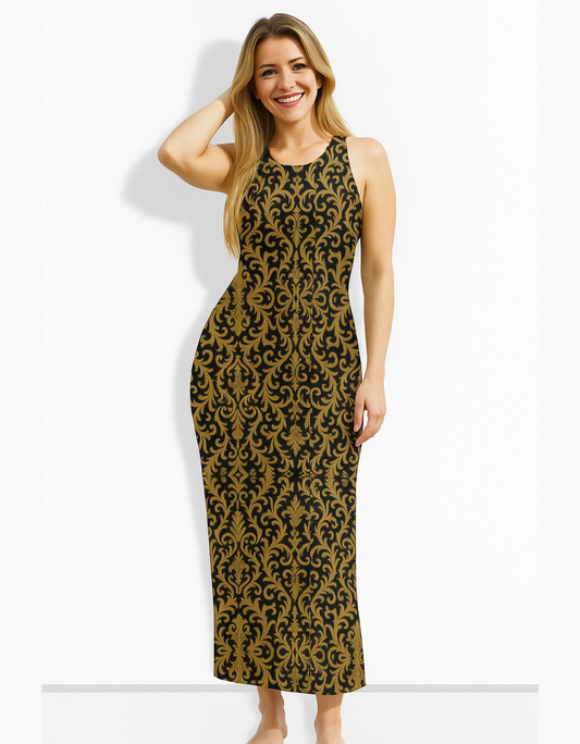 Elegant Black & Gold AOP Bodycon Dress – 220 GSM Poly Spandex, Side Slit, Skin Fit, Breathable & Stretchable