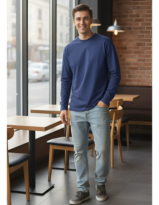 Men's Full Sleeve Plain Royal Blue T-Shirt | 100% Cotton | Bio Washed & Pre-Shrunk
