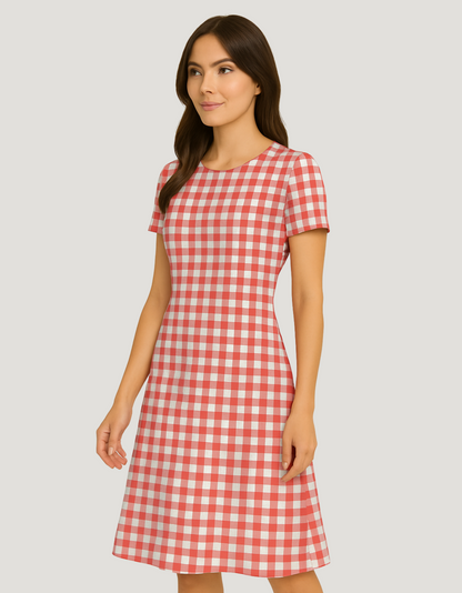 Women’s Red & White Gingham All-Over Print A-Line Dress – 220 GSM Poly Spandex, Fit & Flare