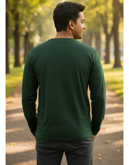 Men's Full Sleeve Bottle Green T-Shirt | 100% Super Combed Cotton | Pre-Shrunk & Bio Washed