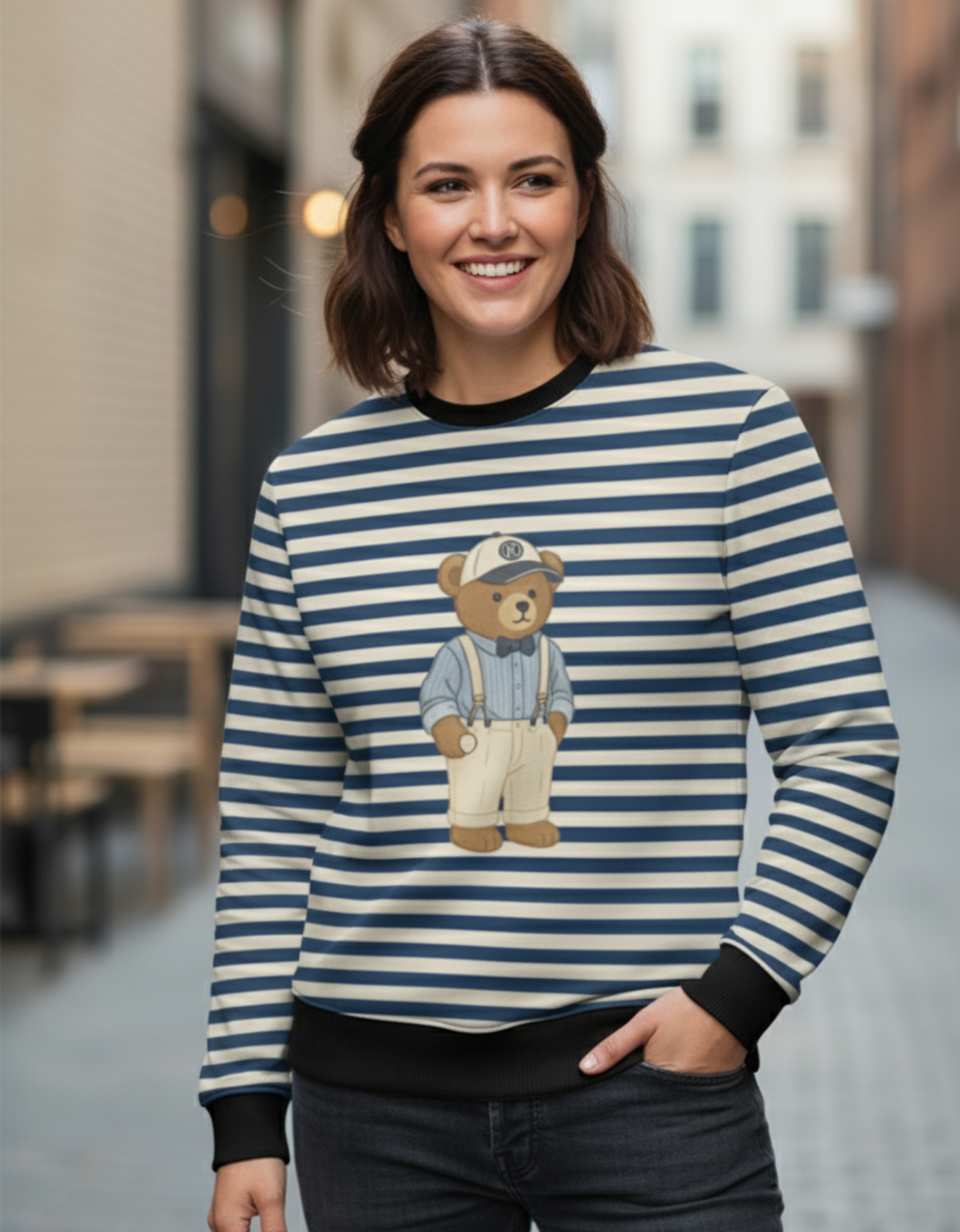 Dapper Teddy Bear Striped Unisex Sweatshirt | 240 GSM Premium Poly Fleece AOP Sweatshirt