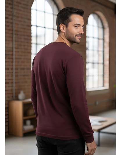 Men's Full Sleeve Plain Maroon T-Shirt | 100% Super Combed Cotton | Bio Washed & Pre-Shrunk