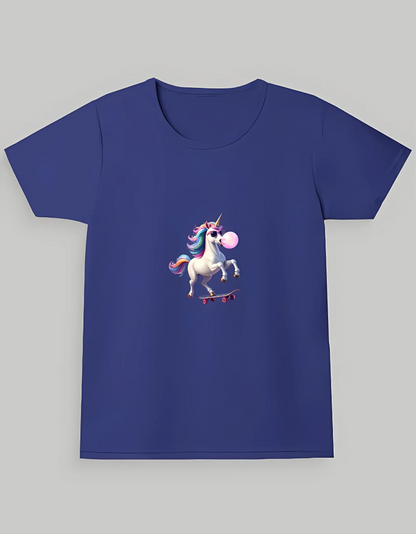 Girls’ Crew Neck T-Shirt – “Skateboarding Unicorn with Bubblegum” Print | 180 GSM | 100% Cotton | Bio-Washed | Super Combed | Pre-Shrunk