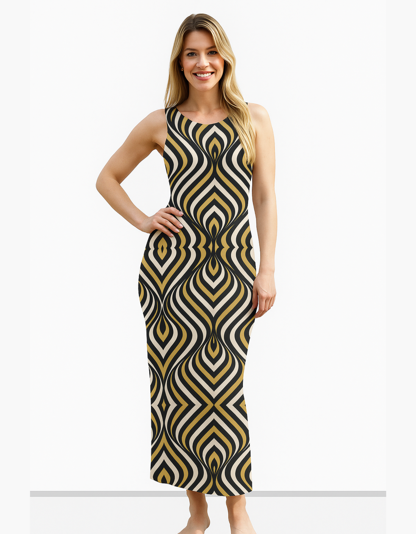 Geometric Pattern AOP Bodycon Dress – 220 GSM Poly Spandex, Side Slit, Skin Fit, Breathable & Stretchable