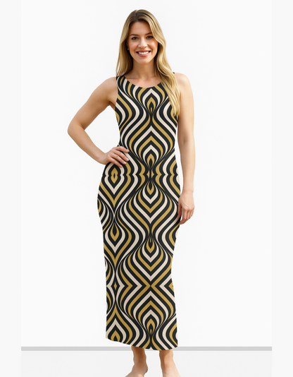Geometric Pattern AOP Bodycon Dress – 220 GSM Poly Spandex, Side Slit, Skin Fit, Breathable & Stretchable