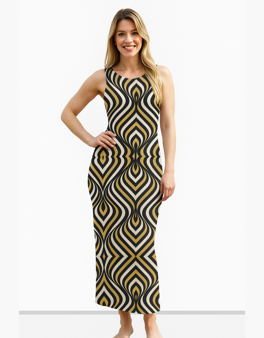 Geometric Pattern AOP Bodycon Dress – 220 GSM Poly Spandex, Side Slit, Skin Fit, Breathable & Stretchable