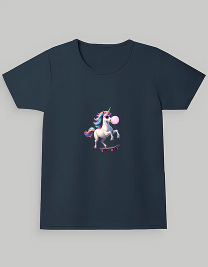 Girls’ Crew Neck T-Shirt – “Skateboarding Unicorn with Bubblegum” Print | 180 GSM | 100% Cotton | Bio-Washed | Super Combed | Pre-Shrunk