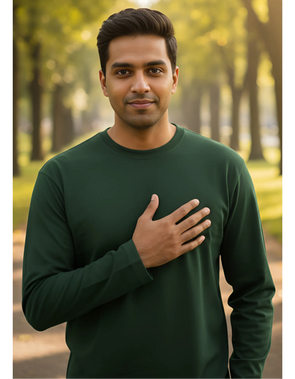 Men's Full Sleeve Bottle Green T-Shirt | 100% Super Combed Cotton | Pre-Shrunk & Bio Washed