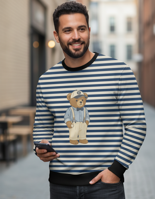 Dapper Teddy Bear Striped Unisex Sweatshirt | 240 GSM Premium Poly Fleece AOP Sweatshirt