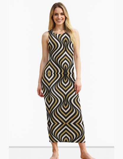 Geometric Pattern AOP Bodycon Dress – 220 GSM Poly Spandex, Side Slit, Skin Fit, Breathable & Stretchable