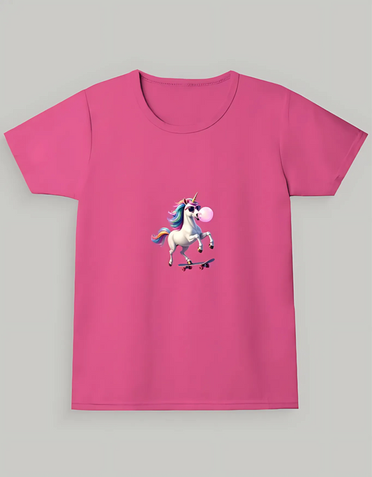 Girls’ Crew Neck T-Shirt – “Skateboarding Unicorn with Bubblegum” Print | 180 GSM | 100% Cotton | Bio-Washed | Super Combed | Pre-Shrunk