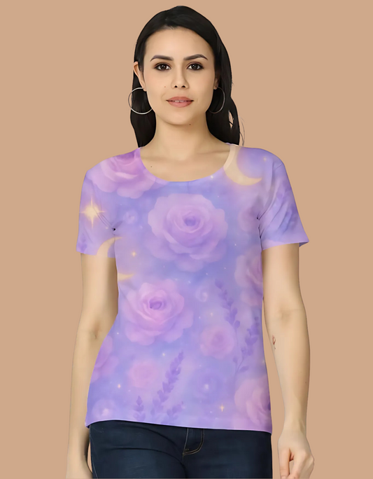 Women’s All-Over Print Classic Tee – Lavender Rose & Moon Design | 180 GSM Polyester | Fade-Proof, Stylish & OEKO-TEX Certified