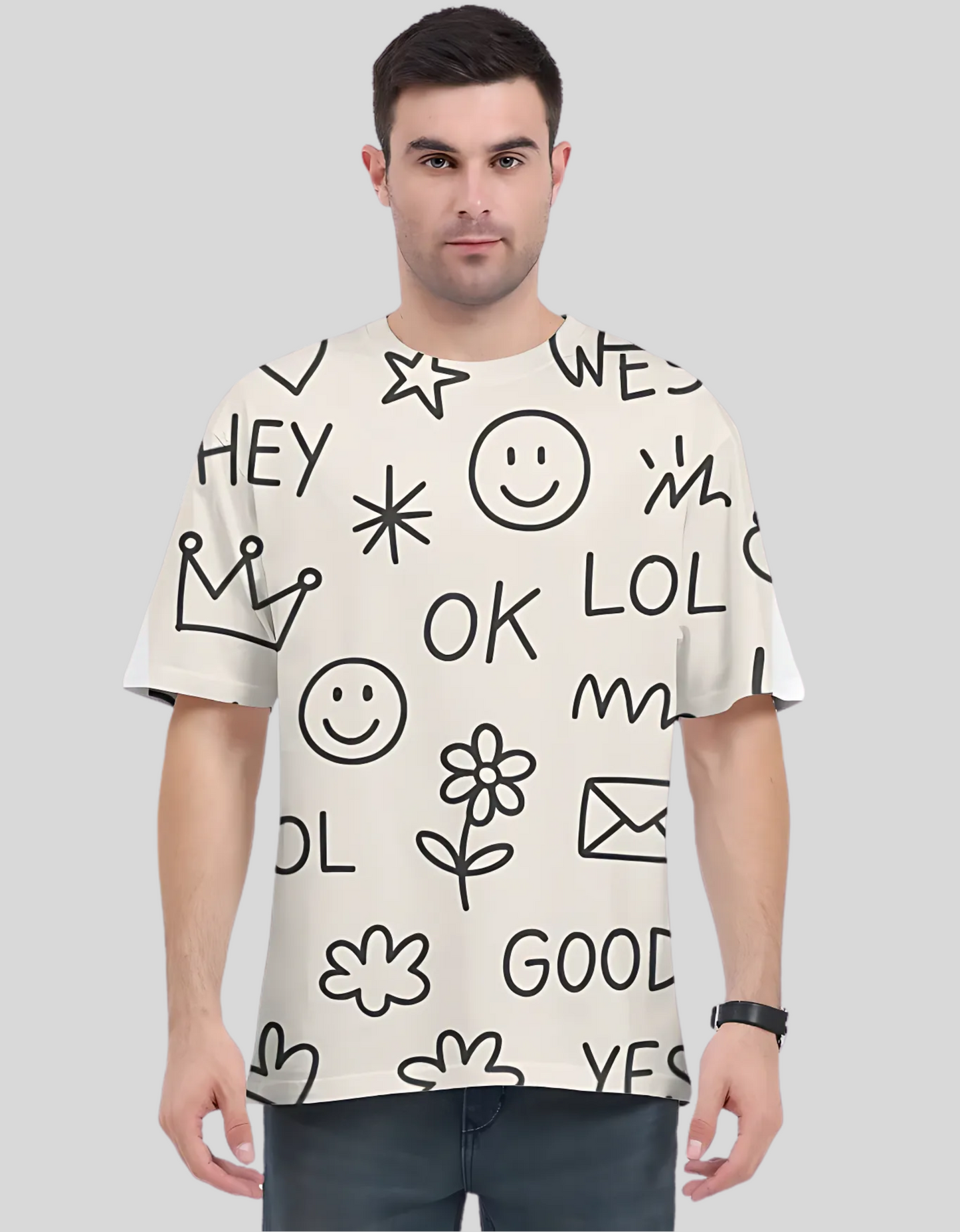 Unisex All-Over Print Oversized T-Shirt – Doodle Sketch Icons | 240 GSM Micro Polyester | Trendy, Fade-Proof & Comfy Fit
