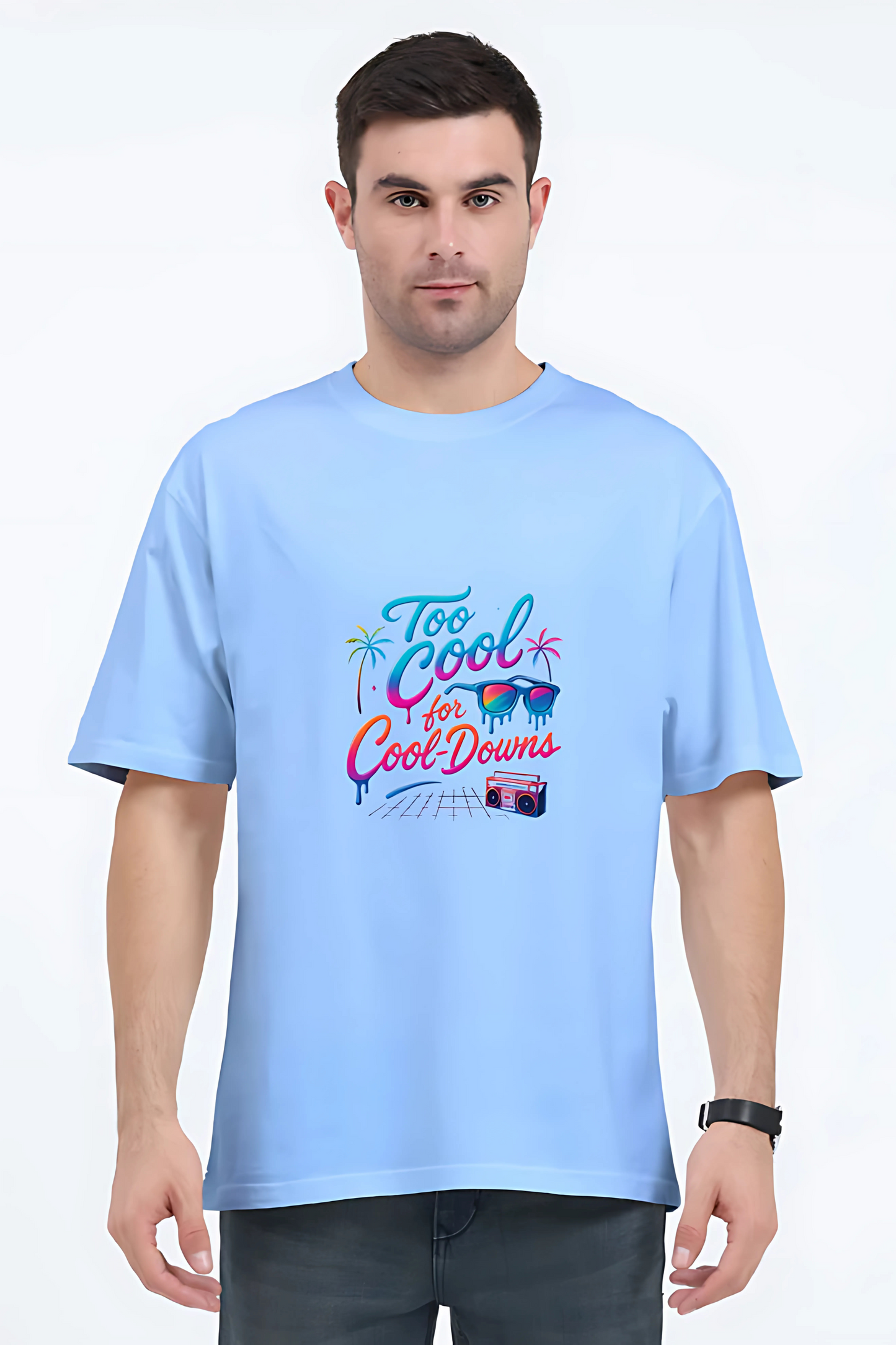 Men’s Oversized T-Shirt – 240 GSM Cotton | “Too Cool for Cool-Downs” Neon Graphic | Unisex Fit | Bio-Washed & Pre-Shrunk