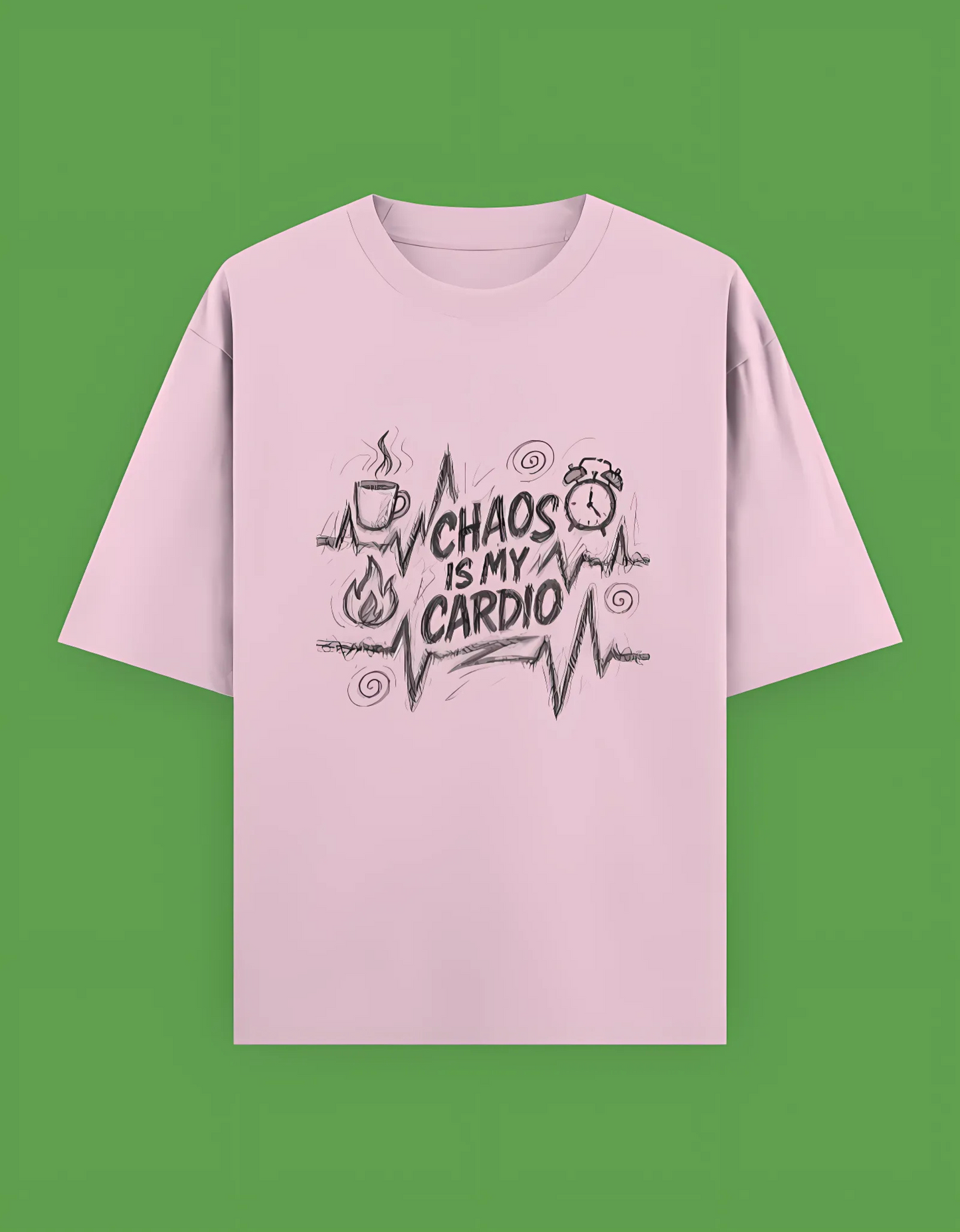Unisex Oversized Terry T-Shirt – Chaos Is My Cardio Graphic | 280 GSM Cotton Blend | Drop Shoulder Fit