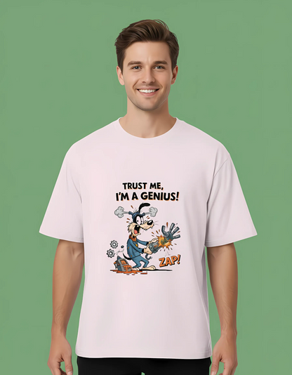 Unisex Oversized T-Shirt – “Trust Me, I'm a Genius!” Cartoon Print | 180 GSM Cotton | Pre-Shrunk | Bold Graphic Streetwear