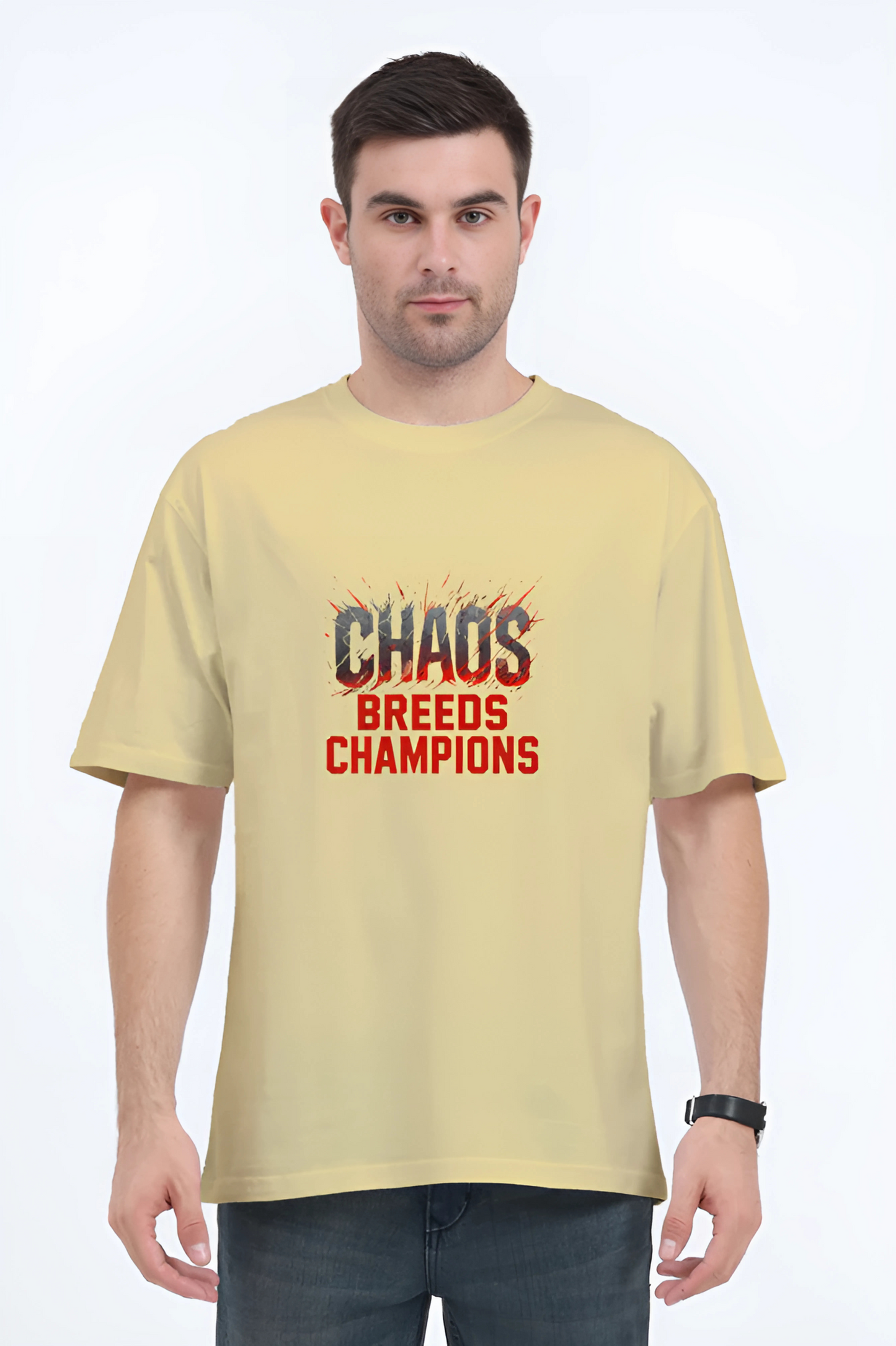 Men’s Oversized Cotton T-Shirt | “Chaos Breeds Champions” Motivational Print | 180 GSM | Gym Streetwear | Unisex Regular Fit