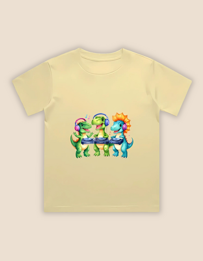 Boys’ Crew Neck T-Shirt – Cute DJ Dinosaurs Print | 180 GSM 100% Cotton, Bio-Washed, Regular Fit