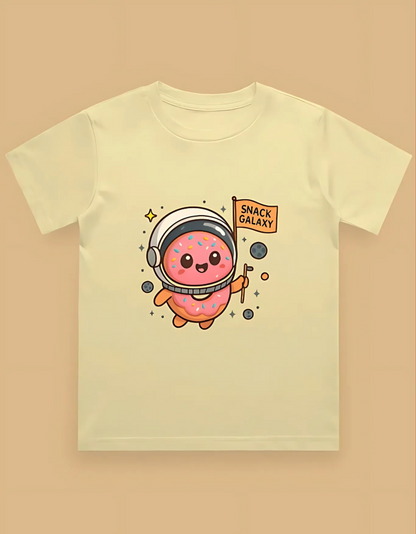 Boys' Crew Neck T-Shirt – “Snack Galaxy” Donut Astronaut Print | 100% Cotton | 180 GSM | Bio-Washed | Regular Fit Tee