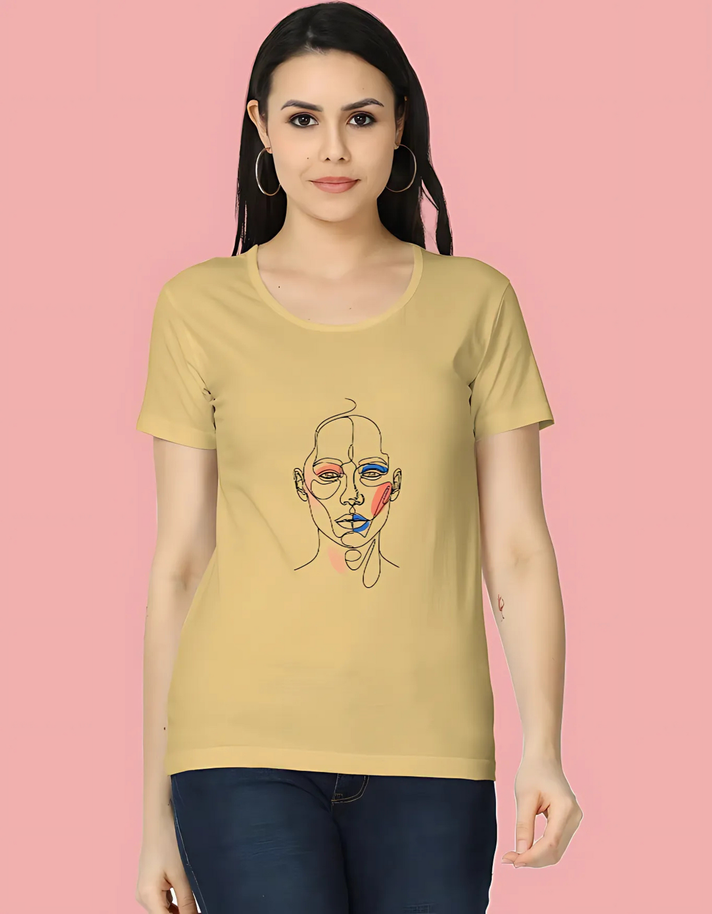 Women’s Classic T-Shirt with Abstract Face Art Print | 180 GSM Super Combed Cotton | Minimal Line Aesthetic Tee