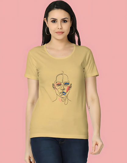 Women’s Classic T-Shirt with Abstract Face Art Print | 180 GSM Super Combed Cotton | Minimal Line Aesthetic Tee