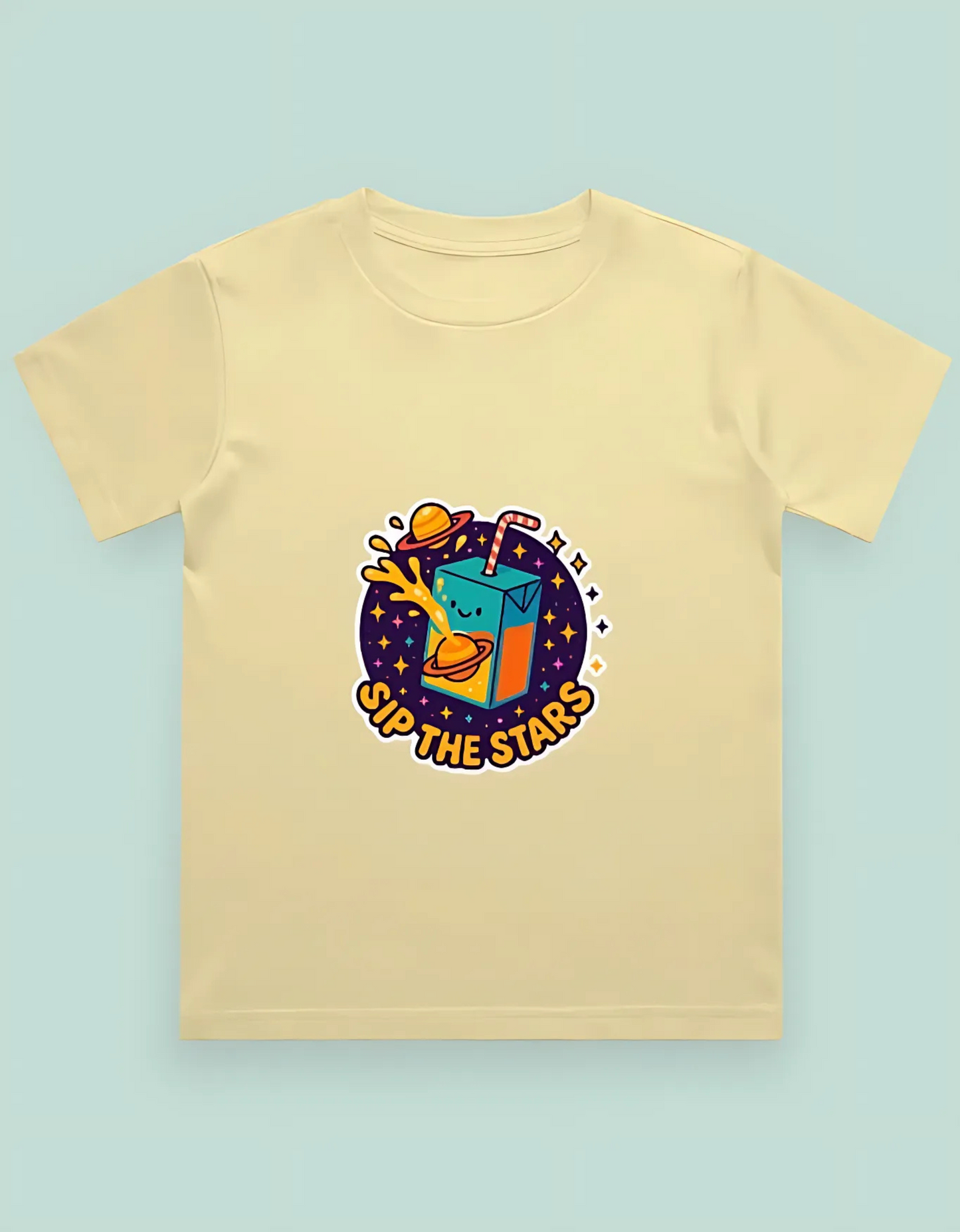 Boys’ Classic Cotton T-Shirt – “Sip the Stars” Space Juice Box Print | 180 GSM | 100% Super Combed Cotton | Fun Unisex Fit