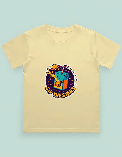 Boys’ Classic Cotton T-Shirt – “Sip the Stars” Space Juice Box Print | 180 GSM | 100% Super Combed Cotton | Fun Unisex Fit