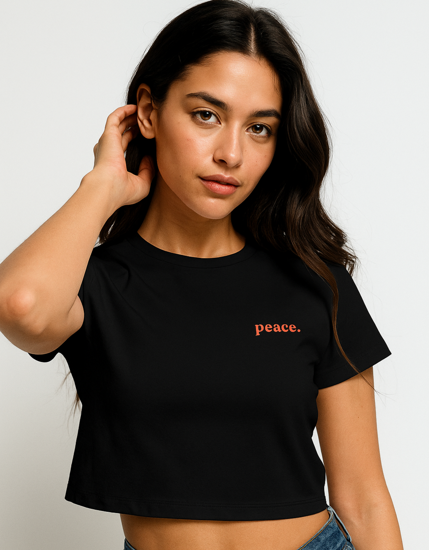 Women’s Black Baby Tee – “Peace.” Printed | 240 GSM Premium Cotton Stretchable Crop Fit