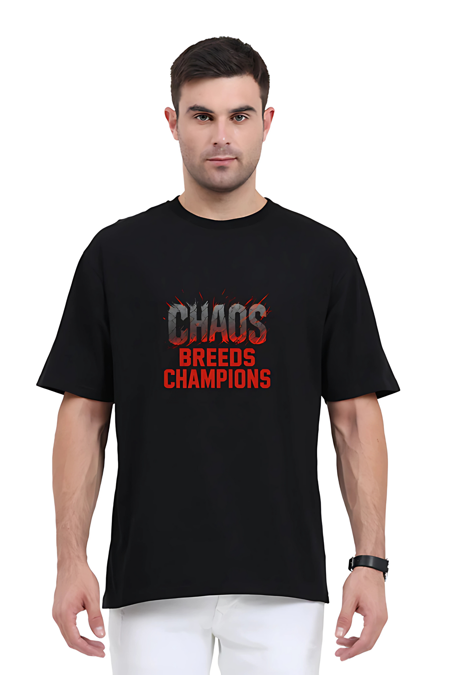 Men’s Oversized Cotton T-Shirt | “Chaos Breeds Champions” Motivational Print | 180 GSM | Gym Streetwear | Unisex Regular Fit