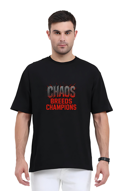 Men’s Oversized Cotton T-Shirt | “Chaos Breeds Champions” Motivational Print | 180 GSM | Gym Streetwear | Unisex Regular Fit