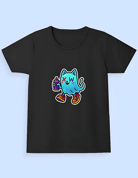 Girls' Classic Cotton T-Shirt – Ghost Cat Graffiti Print | 180 GSM | 100% Super Combed Cotton | Street Style for Kids