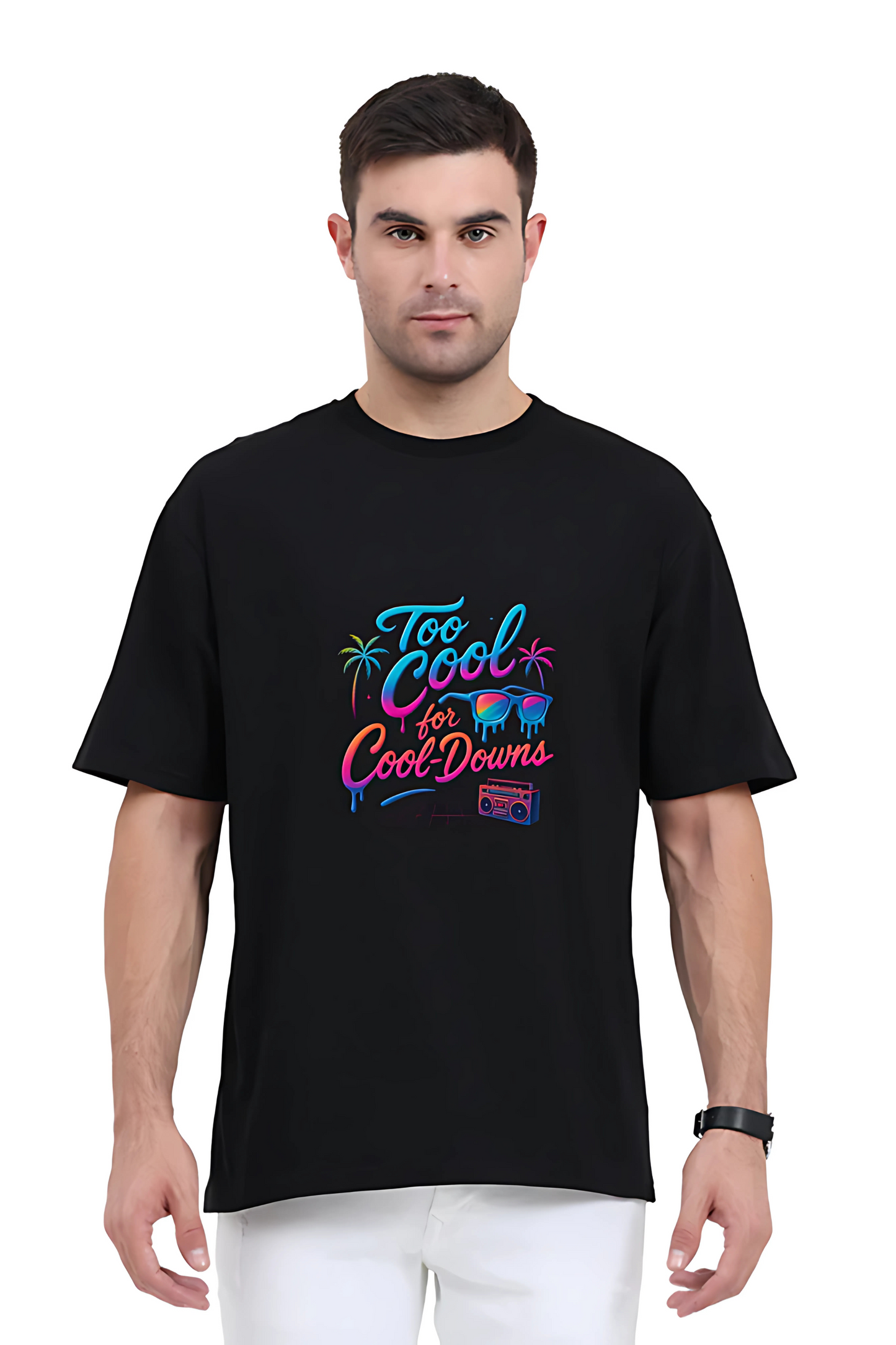 Men’s Oversized T-Shirt – 240 GSM Cotton | “Too Cool for Cool-Downs” Neon Graphic | Unisex Fit | Bio-Washed & Pre-Shrunk