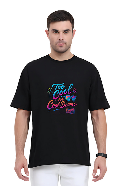 Men’s Oversized T-Shirt – 240 GSM Cotton | “Too Cool for Cool-Downs” Neon Graphic | Unisex Fit | Bio-Washed & Pre-Shrunk