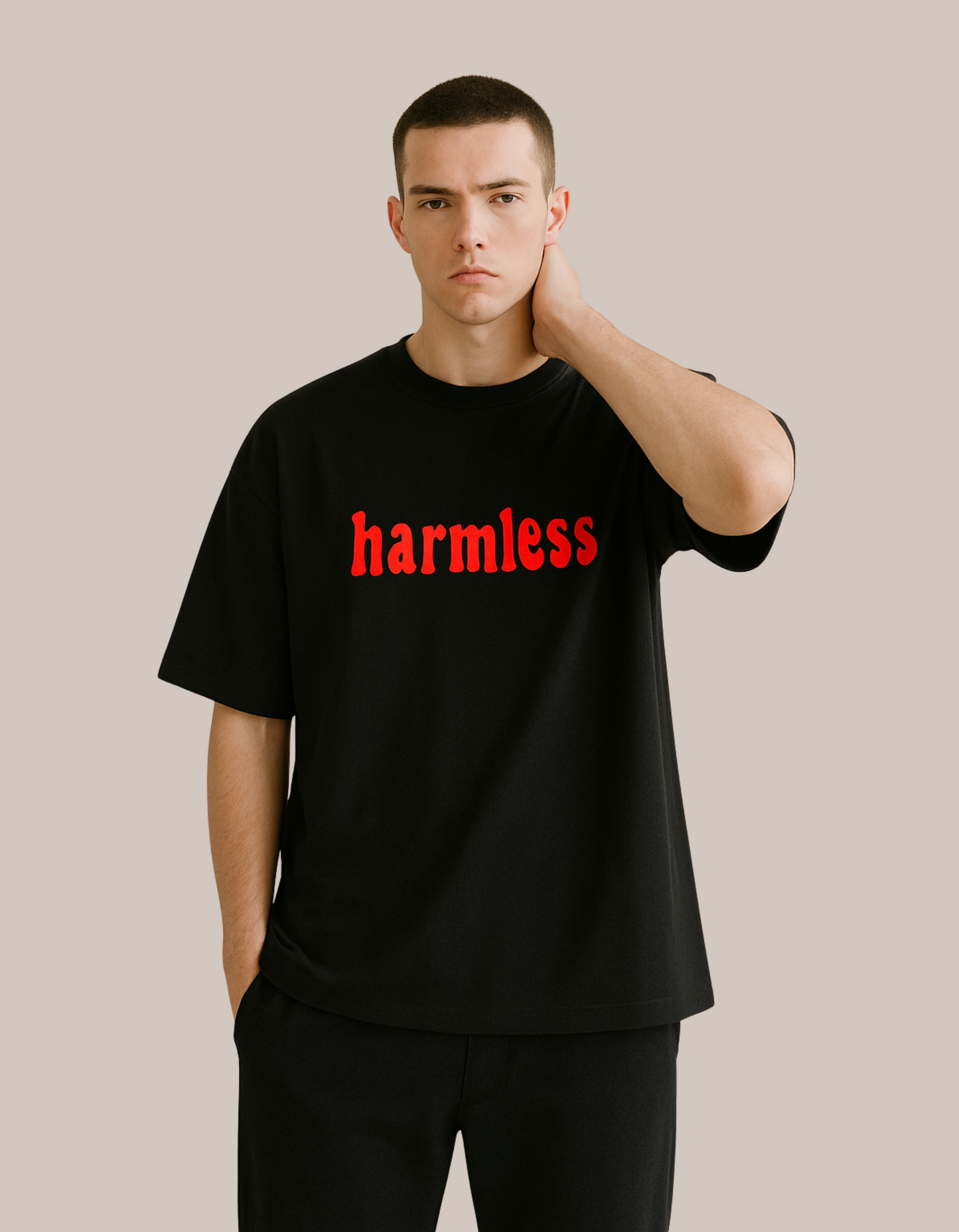 Unisex Terry Oversized Drop Shoulder T-Shirt – "Harmless" Print | 260 GSM Cotton Blend