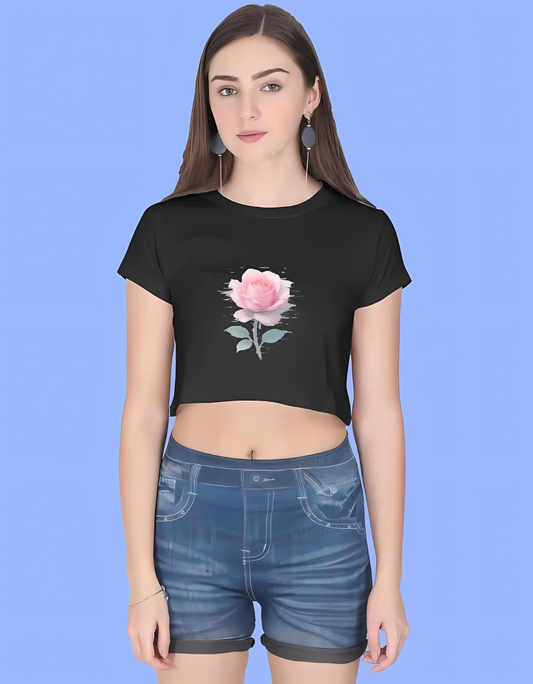 Women’s Cotton Crop Top – Glitched Pink Rose Aesthetic Print | 180 GSM | Soft & Stylish Streetwear