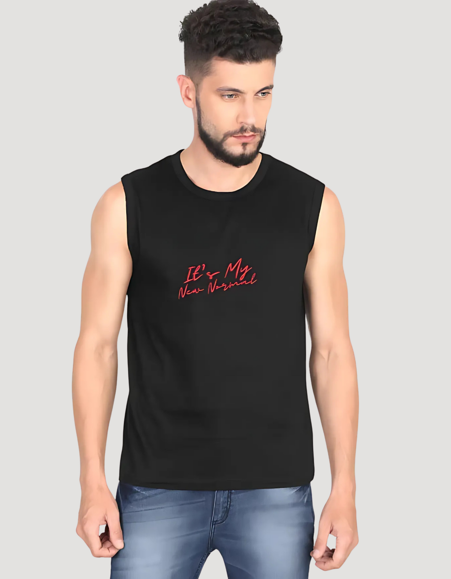 Men’s Sleeveless Cotton T-Shirt – "It’s My New Normal" Print | 180 GSM | Bio-Washed | Regular Fit