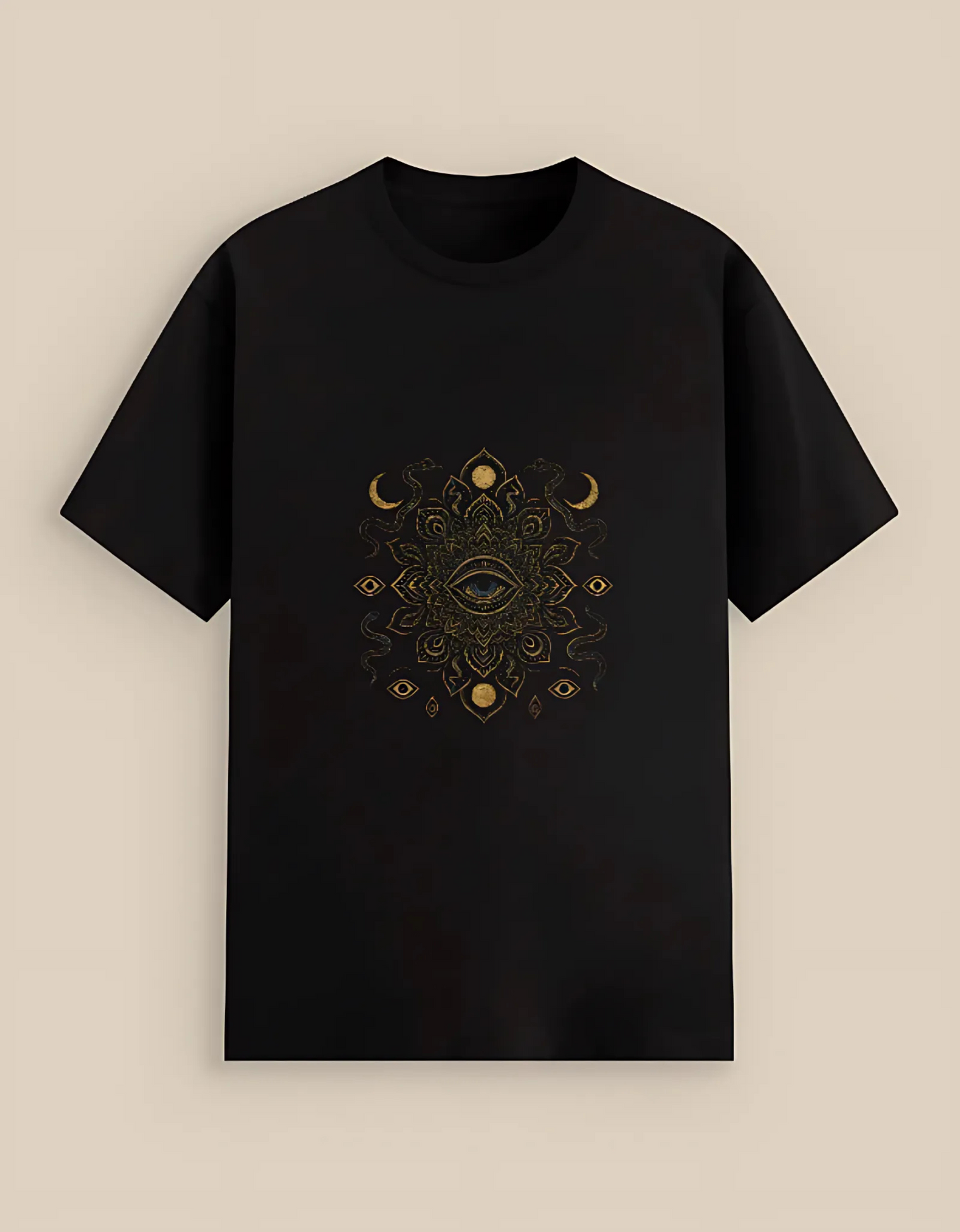 Unisex Cotton Stretch T-Shirt – Mystical Third Eye Mandala & Moon Phases Print | 240 GSM | Stretchable & Breathable