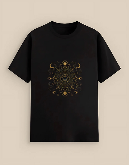 Unisex Cotton Stretch T-Shirt – Mystical Third Eye Mandala & Moon Phases Print | 240 GSM | Stretchable & Breathable