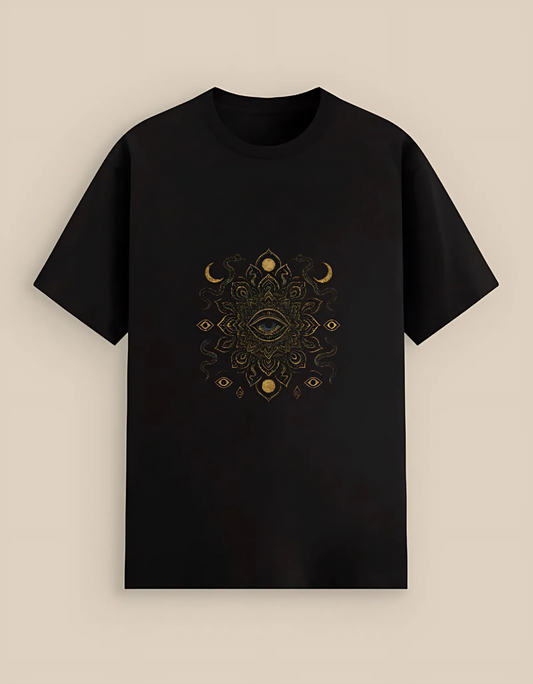 Unisex Cotton Stretch T-Shirt – Mystical Third Eye Mandala & Moon Phases Print | 240 GSM | Stretchable & Breathable