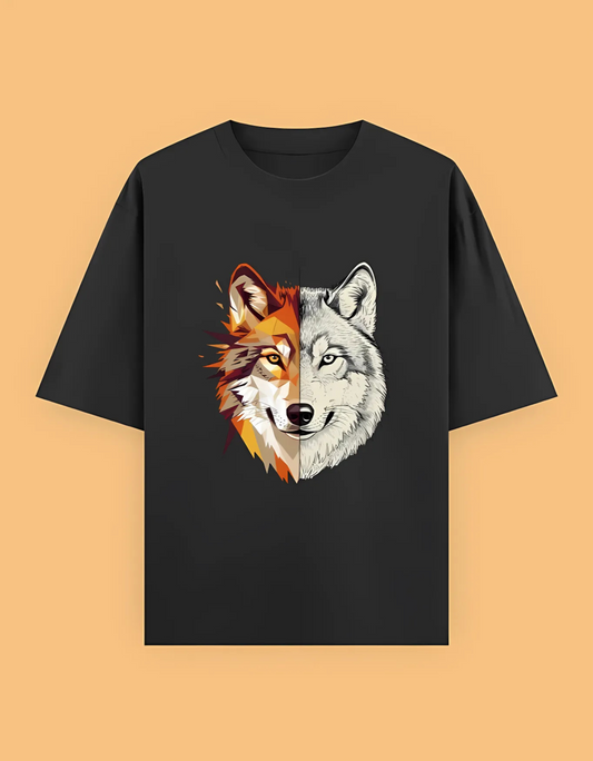 Unisex Oversized T-Shirt with Split Wolf Graphic | 240 GSM 100% Cotton | Artistic Wild Aesthetic Tee