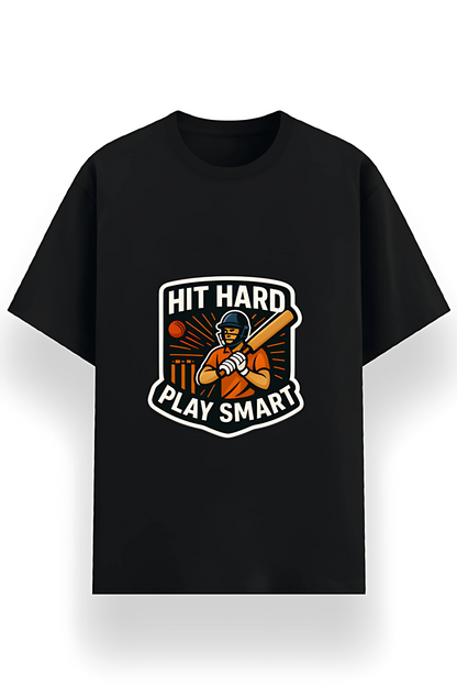 Hit Hard Play Smart Cricket Graphic Men’s T-Shirt – 180 GSM | Poly Cotton | Recycled Fabric | Unisex Fit