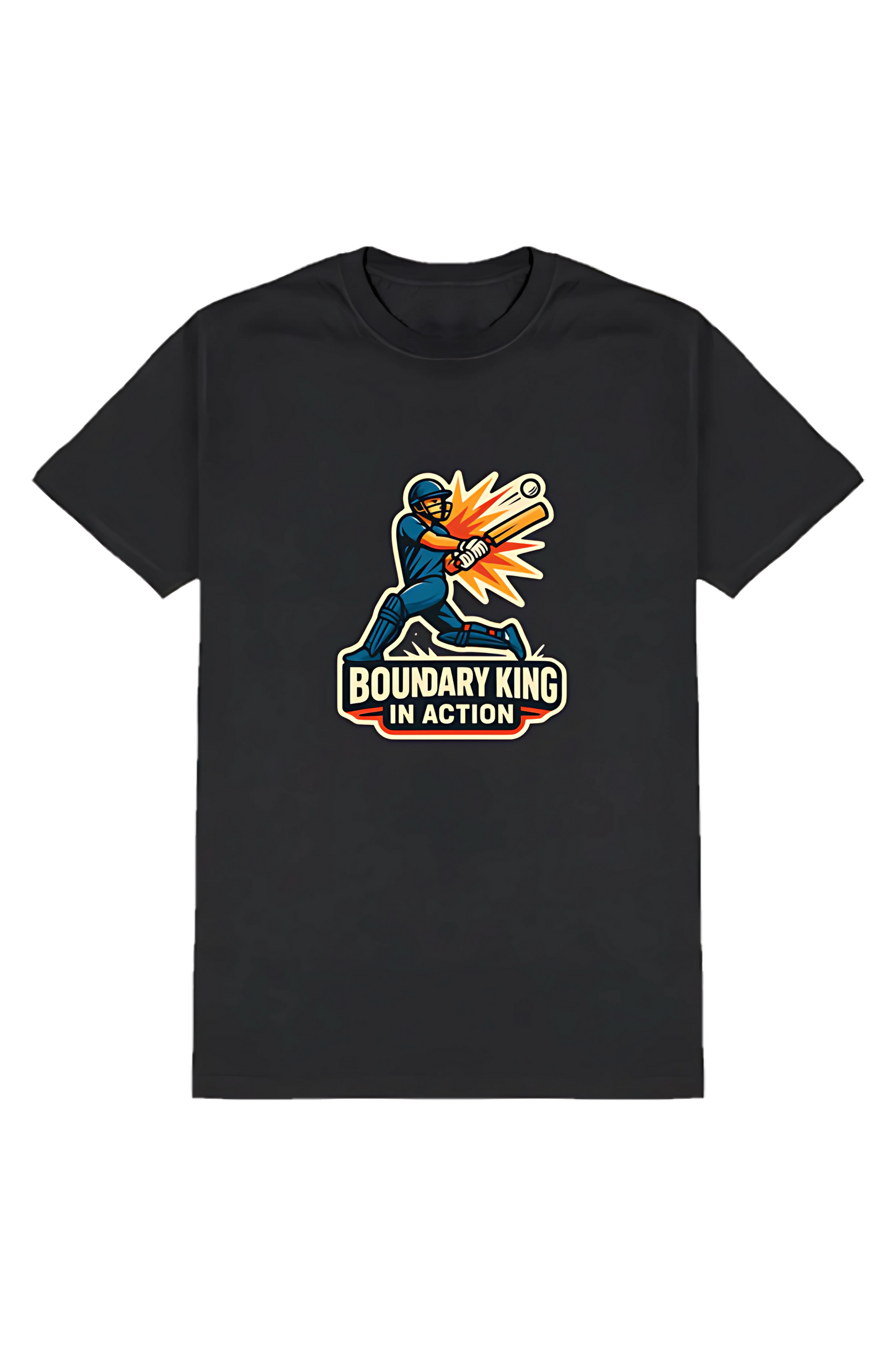 Boundary King in Action Men’s Cotton Crew T-Shirt – 180 GSM | 100% Cotton | Regular Fit | Cricket Graphic Tee