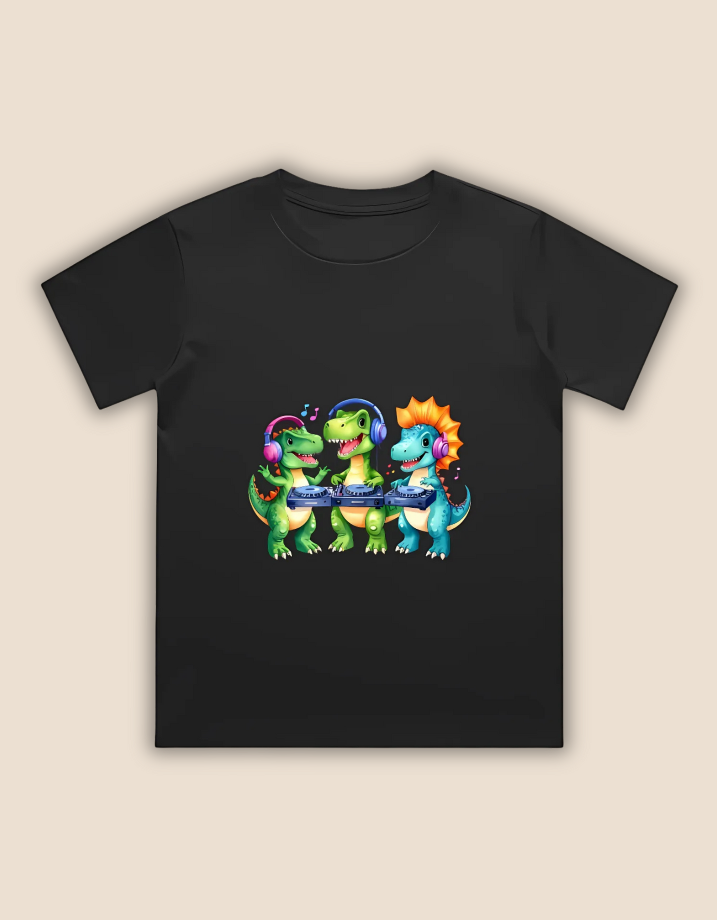 Boys’ Crew Neck T-Shirt – Cute DJ Dinosaurs Print | 180 GSM 100% Cotton, Bio-Washed, Regular Fit
