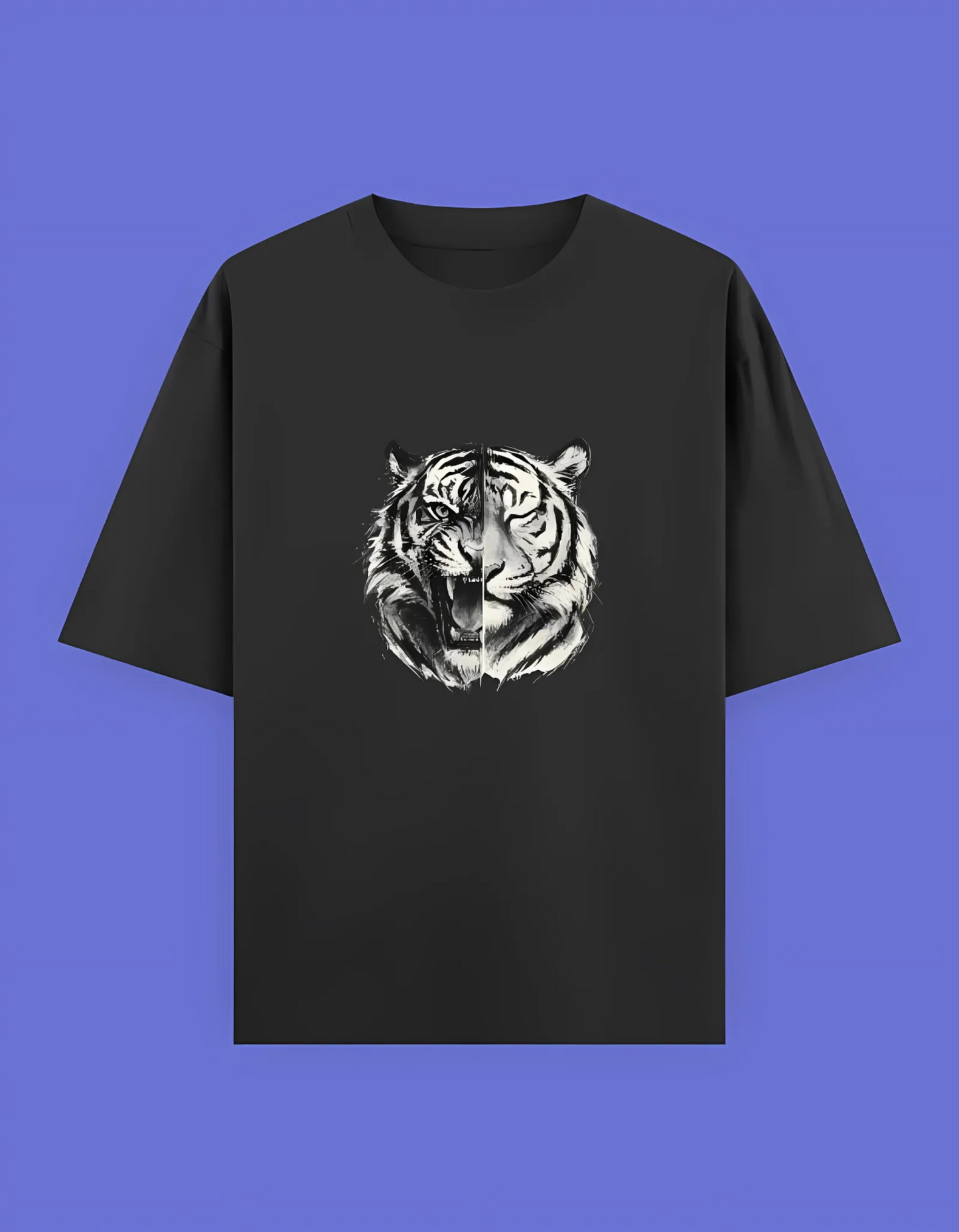 Unisex Oversized T-Shirt | 240 GSM 100% Cotton | Split Tiger Face Graphic | Bio-Washed & Pre-Shrunk