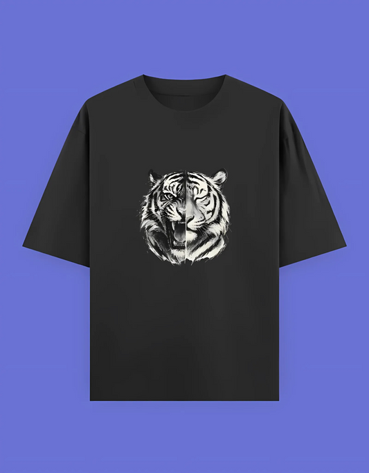 Unisex Oversized T-Shirt | 240 GSM 100% Cotton | Split Tiger Face Graphic | Bio-Washed & Pre-Shrunk