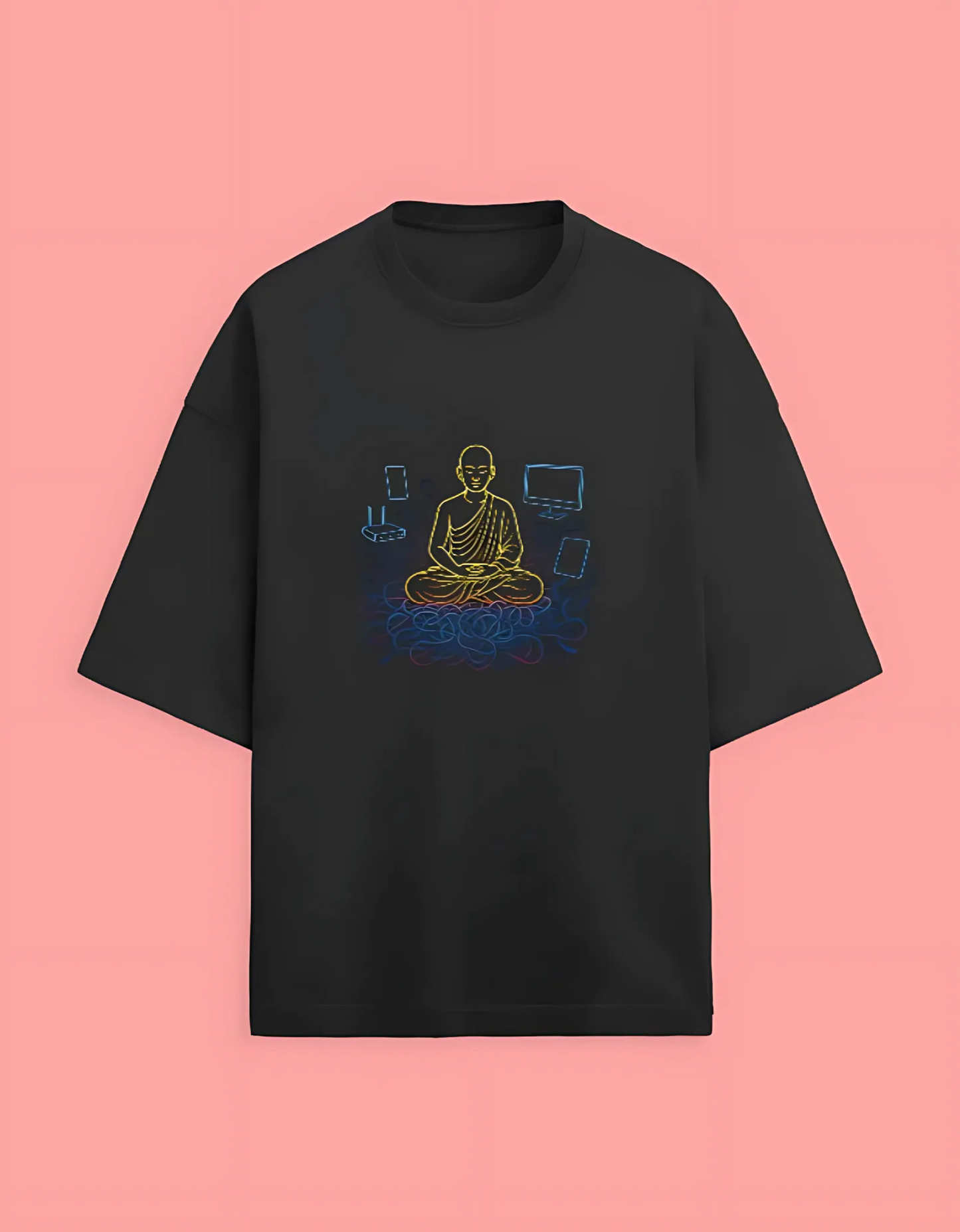 Unisex Terry Oversized T-Shirt | 280 GSM Cotton Blend | Digital Monk Neon Graphic | Drop Shoulder Fit
